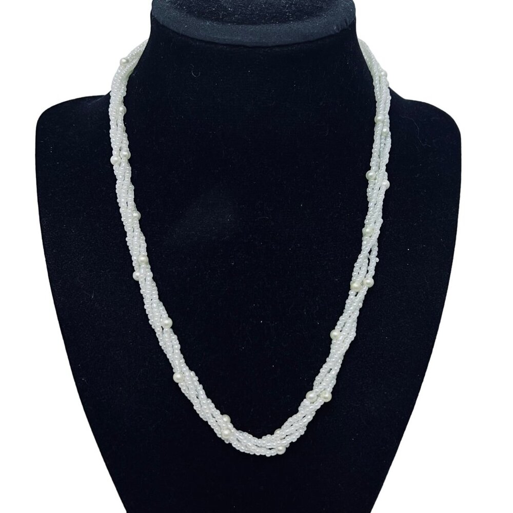 Vintage 4 Strand Twisted White Faux Pearl Seed Bead Necklace (796)